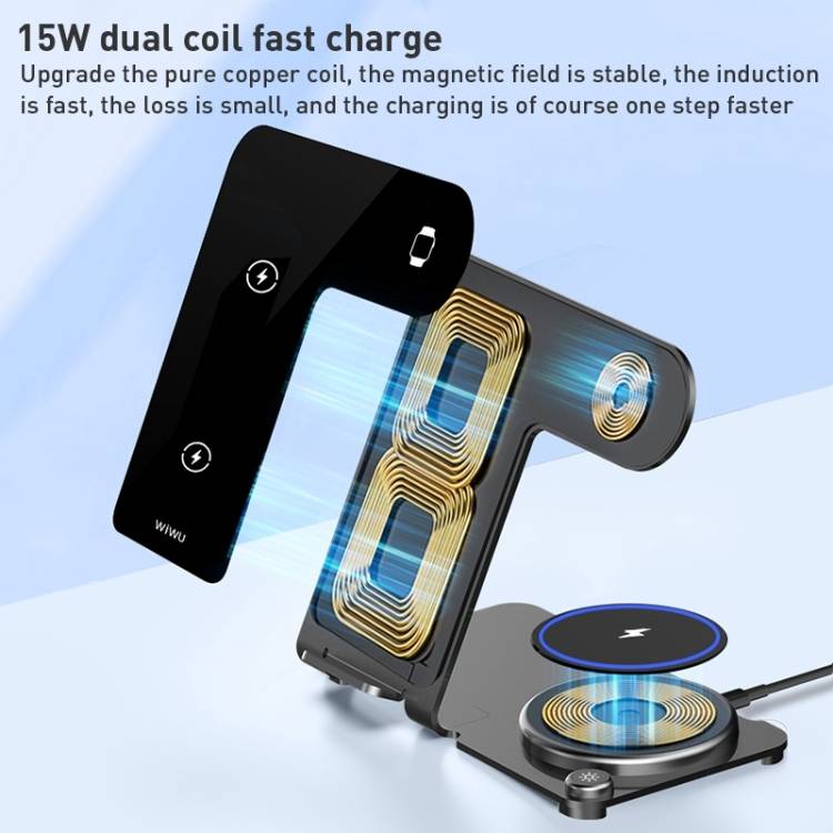 WiWU Wi-W005 Power Air Experience Convenient 3 in 1 Wireless Charging with 15W Fast Charging