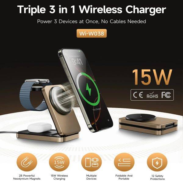 WiWU Wi-W038 3-in-1 Magnetic Wireless Charging Station Fast Charging Dock