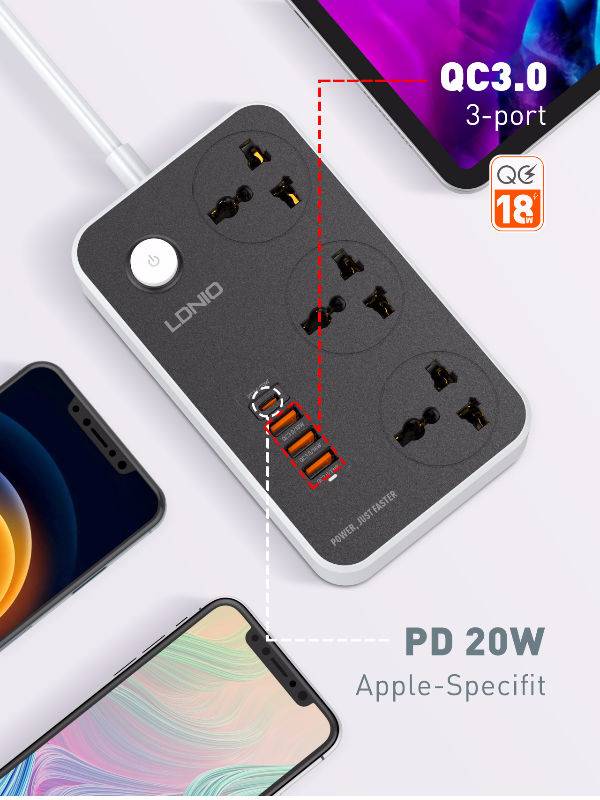 LDNIO SC3412 Power Strip With 3 Ac Sockets + PD Type-C Ports + 3 QC 3.0 Usb Ports Charger