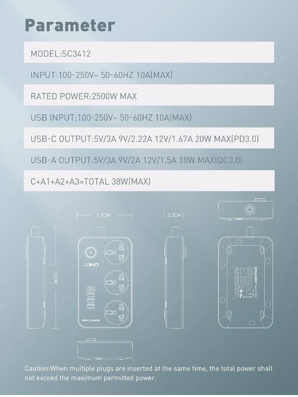 LDNIO SC3412 Power Strip With 3 Ac Sockets + PD Type-C Ports + 3 QC 3.0 Usb Ports Charger