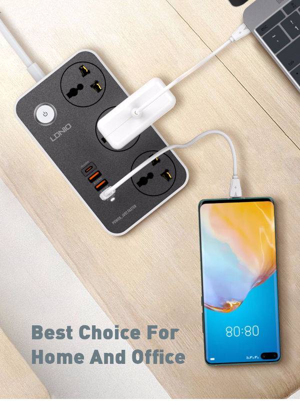 LDNIO SC3412 Power Strip With 3 Ac Sockets + PD Type-C Ports + 3 QC 3.0 Usb Ports Charger