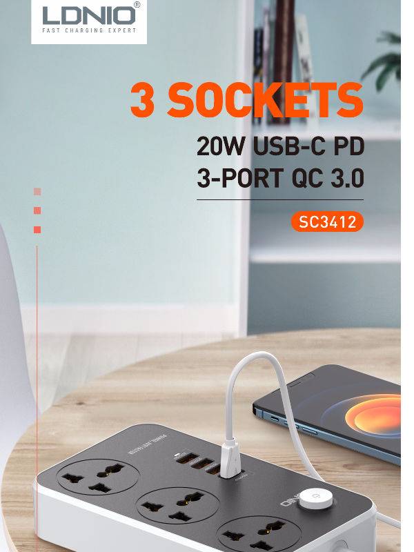 LDNIO SC3412 Power Strip With 3 Ac Sockets + PD Type-C Ports + 3 QC 3.0 Usb Ports Charger