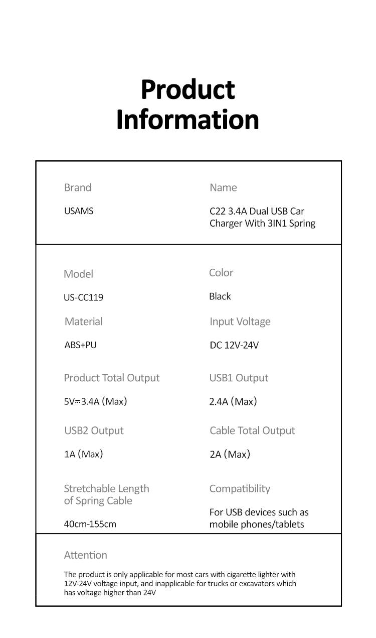 Usams 3 in 1 Spring Cable 3.4A Dual USB Car Charger