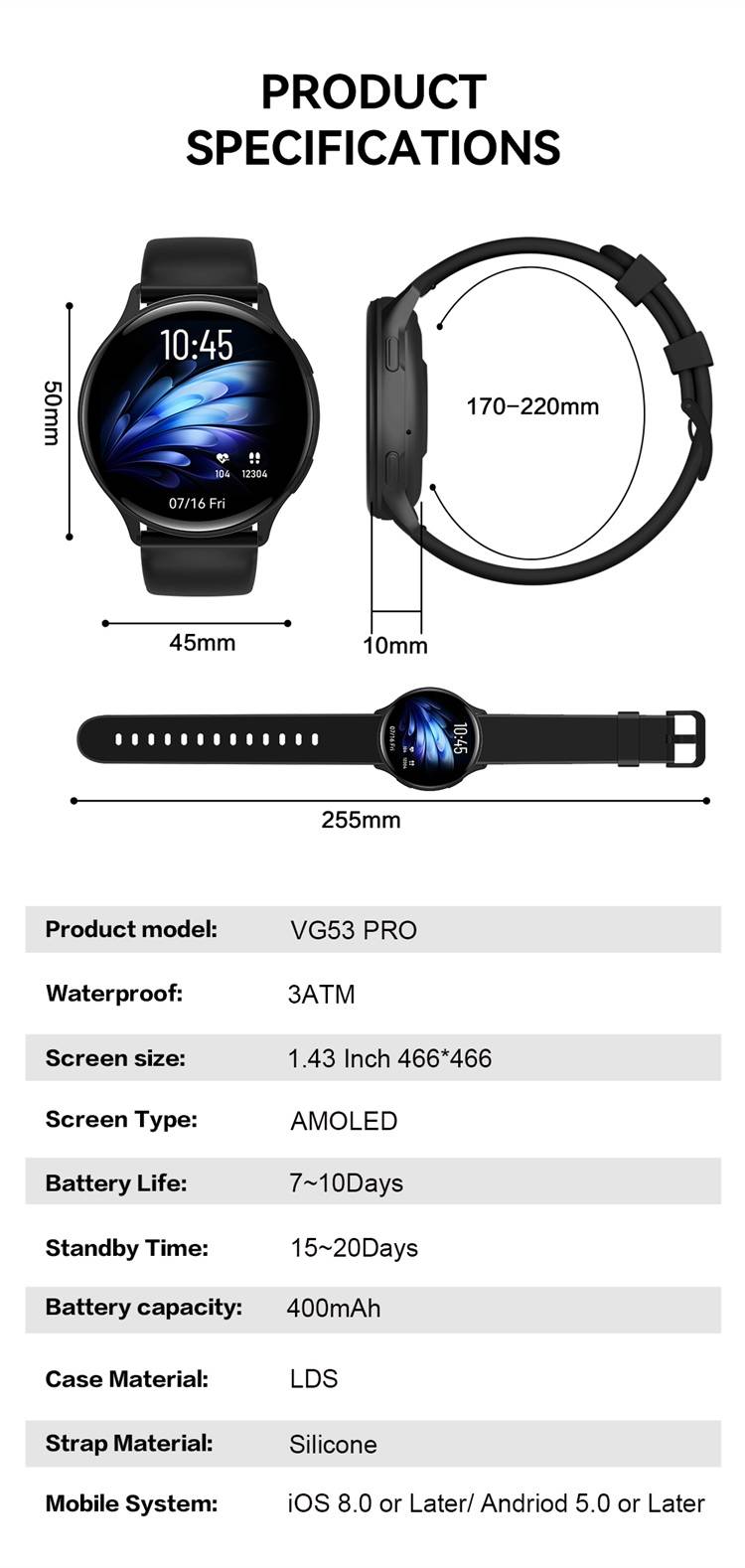 Valdus VG53 Pro Smartwatch 3ATM Waterproof GPS SOS Health Monitoring & Bluetooth Calls
