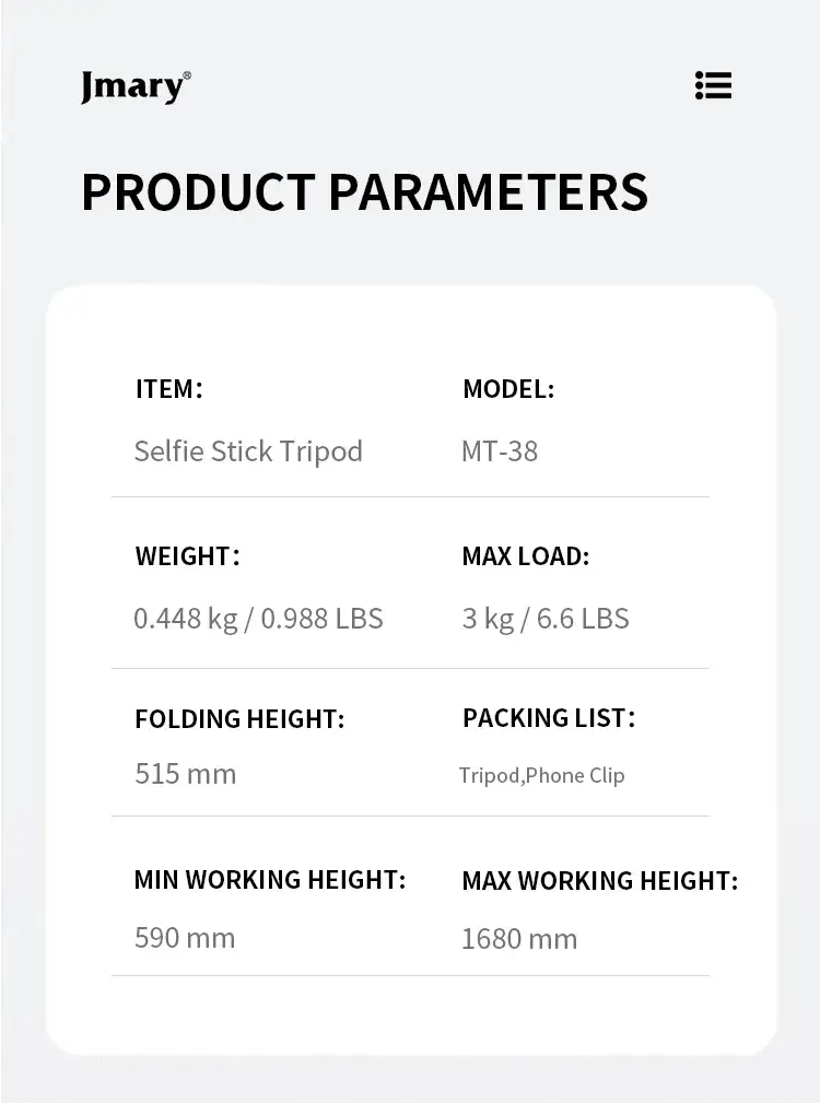 Jmary MT38 Heavy-Duty Extendable Aluminum Tripod Stand Lightweight & Adjustable
