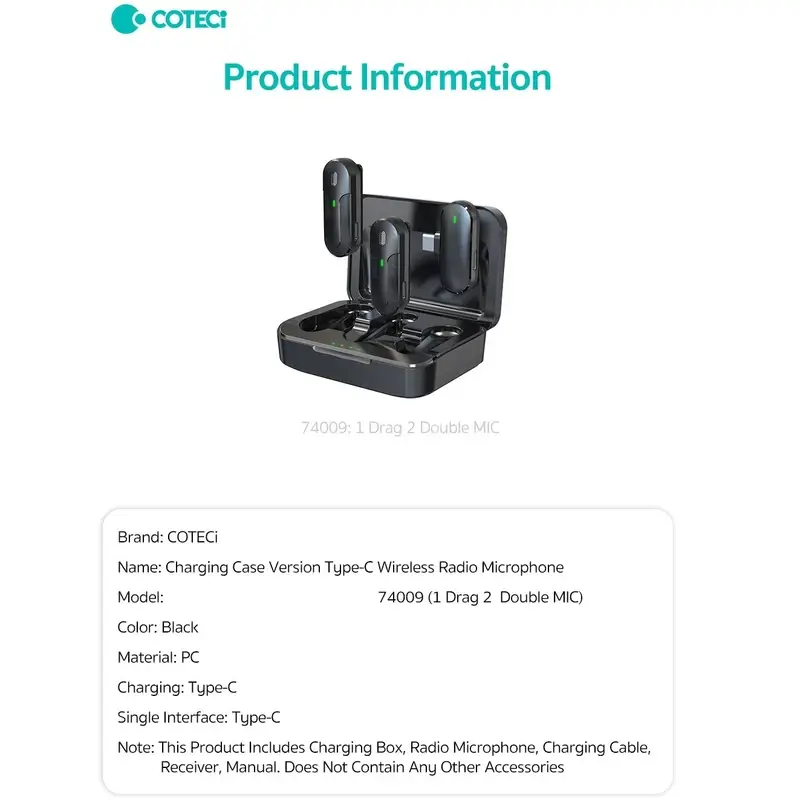 Coteci 74009 Wireless Lavalier Microphone with USB Type-C