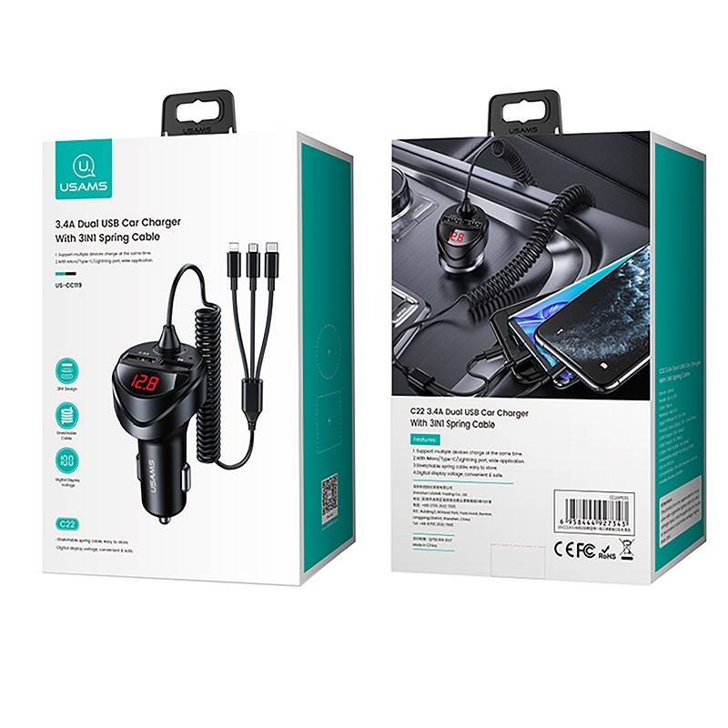 Usams 3 in 1 Spring Cable 3.4A Dual USB Car Charger