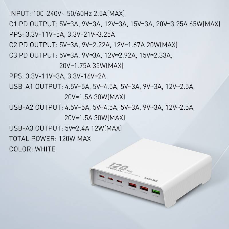 LDNIO Q605 120W 6-Port USB Charger (3 USB-C & 3 USB-A)