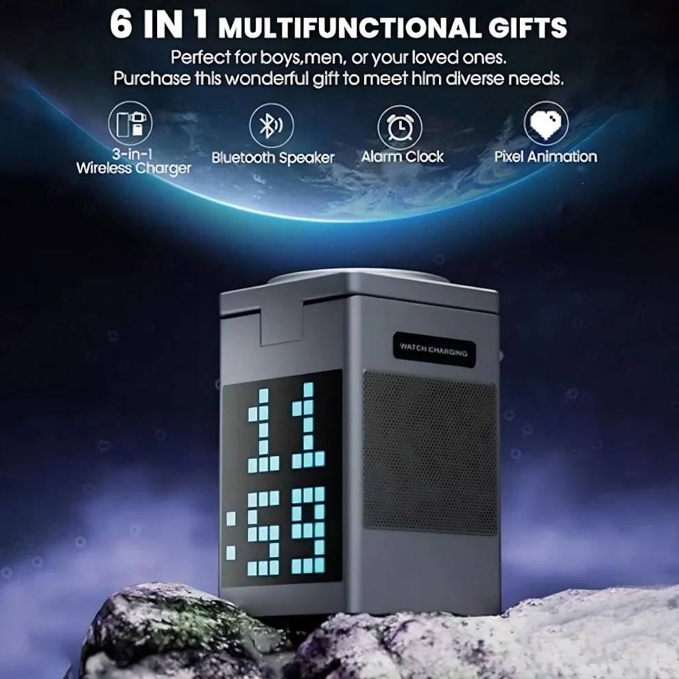 Valdus S5 Pixel Dock 6-in-1 Wireless Charger Bluetooth Speaker Digital Clock & Pixel Animation