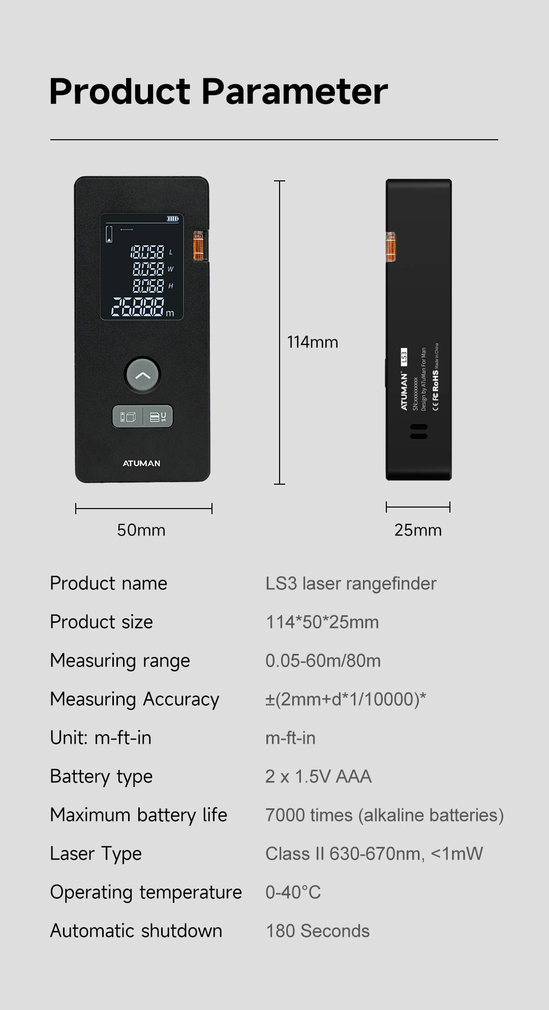 ATUMAN LS3 60M Laser Rangefinder Fast & Precise Distance, Area, and Volume Measurement