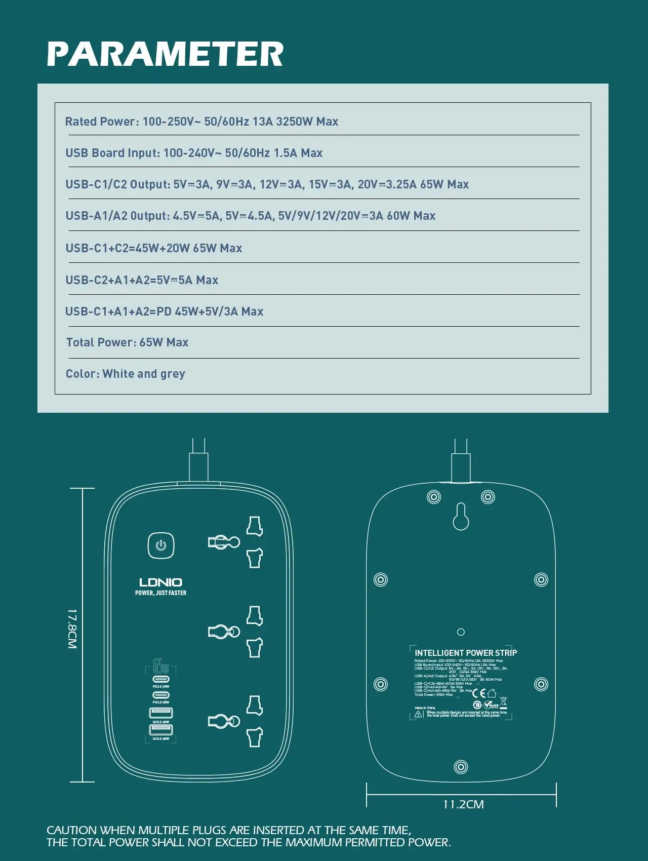 LDNIO SC3416 65W 3 Socket with 4 USB Port Power Strip