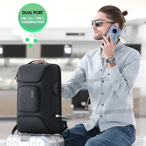 BANGE 7216 Plus 35L Anti-Theft Travel Backpack with USB Charging Port & Lock