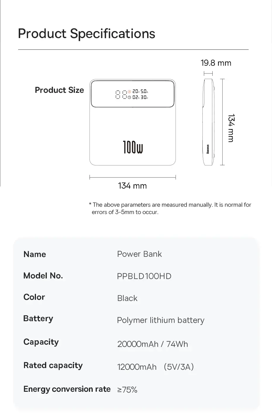 Baseus Blade 100W Power Bank 20000mAh Type C PD Fast Charging Portable Powerbank for MacBook/Laptop