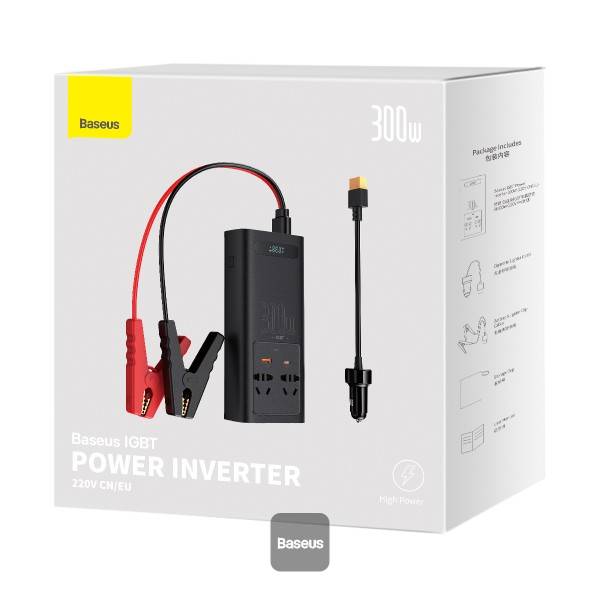 Baseus Car Power Inverter 300W: DC 12V/24V to AC 220V Pure Sine Wave Converter with USB Type-C Charger Adapter (CN/EU)