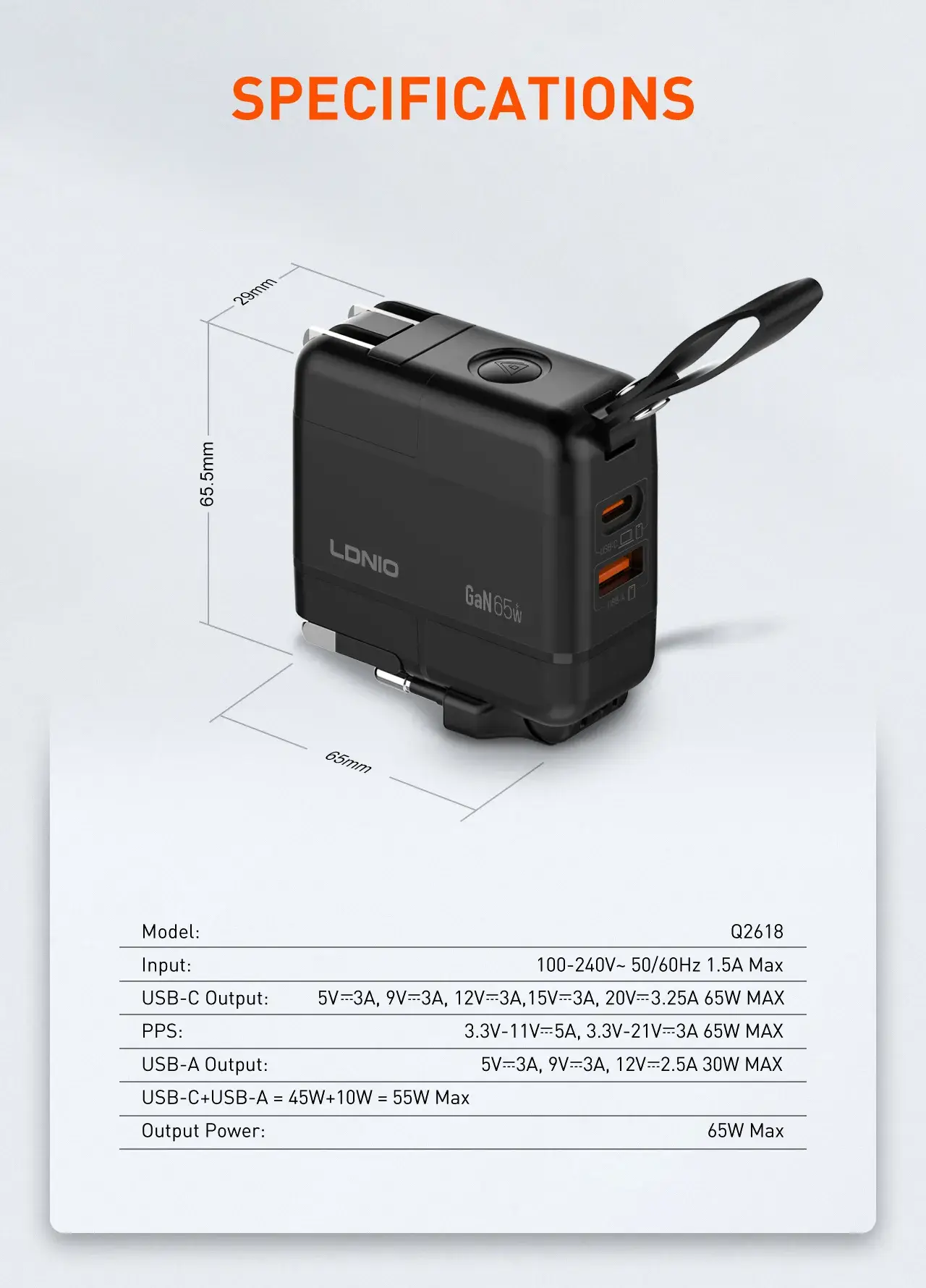 LDNIO Q2618 65W GaN Portable Universal Travel Charger