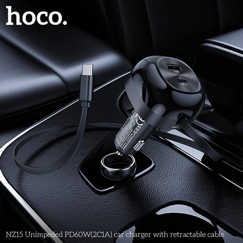 Hoco NZ15 60W PD Type-C Car Charger with Retractable Cable