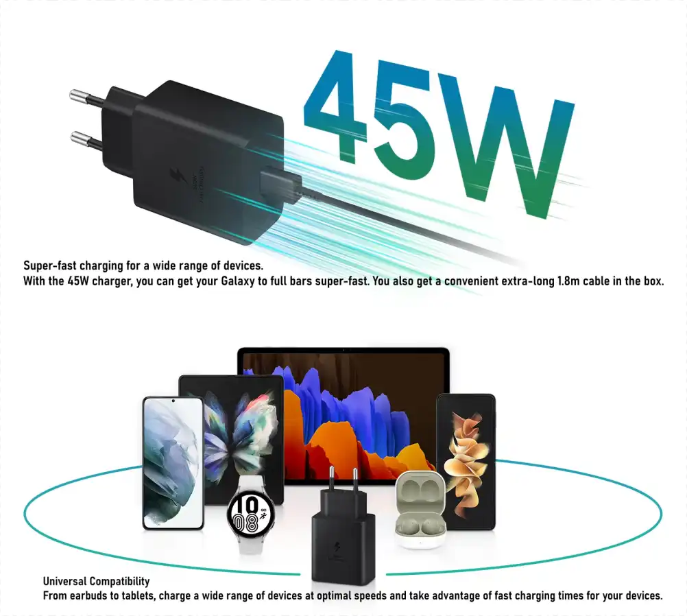 Samsung 45W USB-C Power Adapter with 5A USB-C to USB-C Cable EU Plug PD Fast Charging