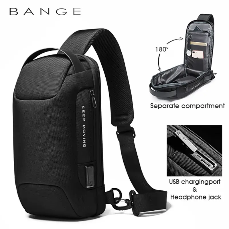 BANGE 22085 Anti-Theft Waterproof Crossbody Chest Bag with USB Charging Port