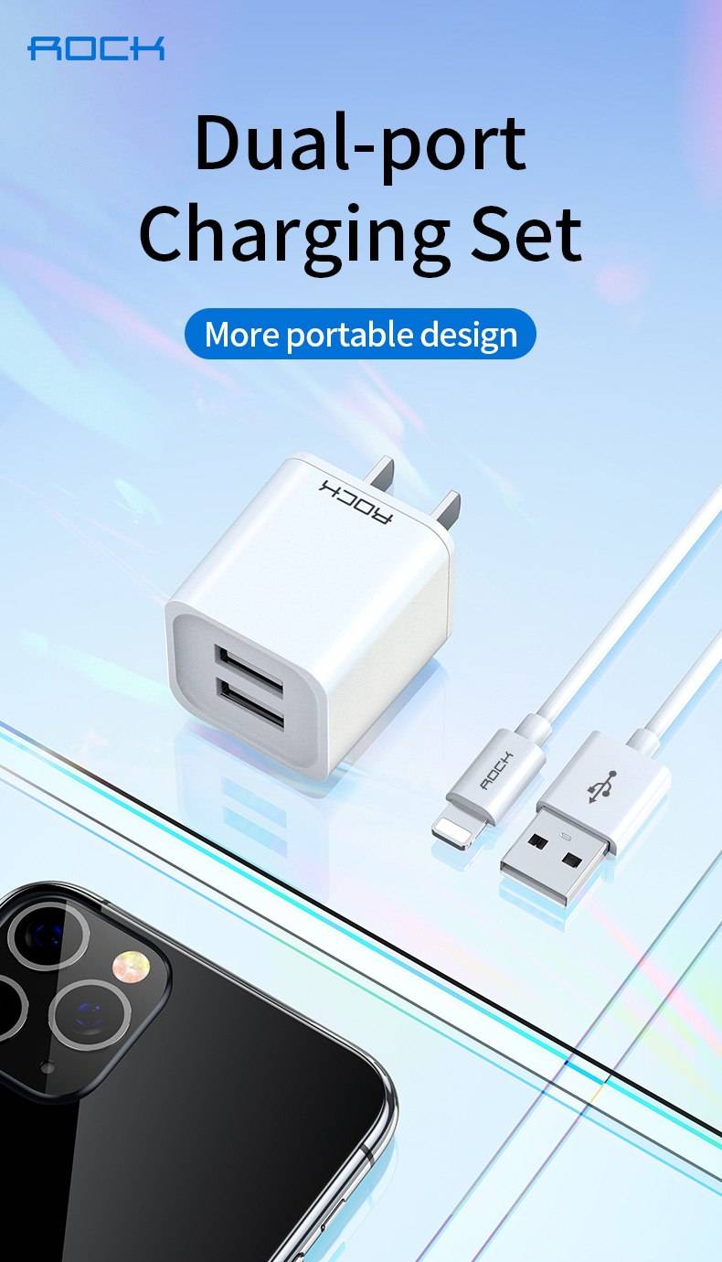 Rock T23 Dual-Port Travel Charger with Lightning Charge & Sync Cable Set
