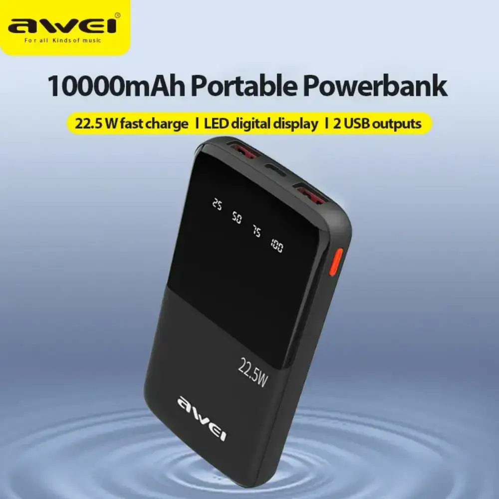 Awei P10K 10000mAh 22.5W PD+QC Fast Charging Slim Power Bank with Digital Display
