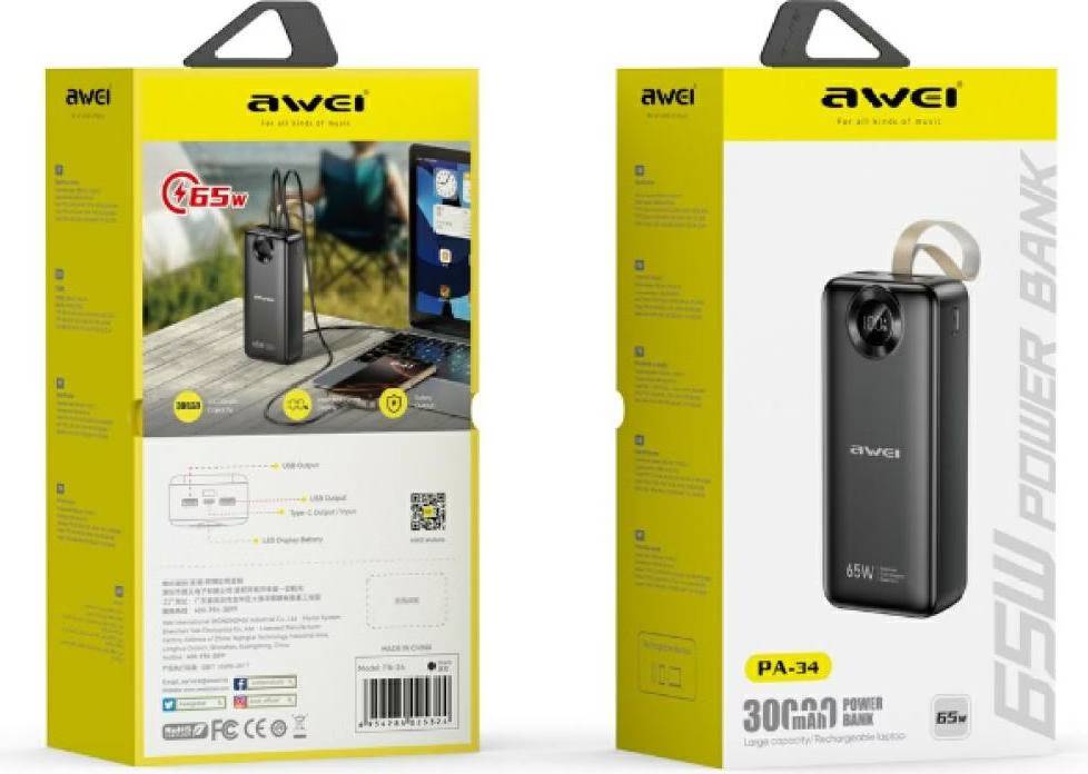 Awei PA-34 30000mAh 65W Fast Charging Power Bank