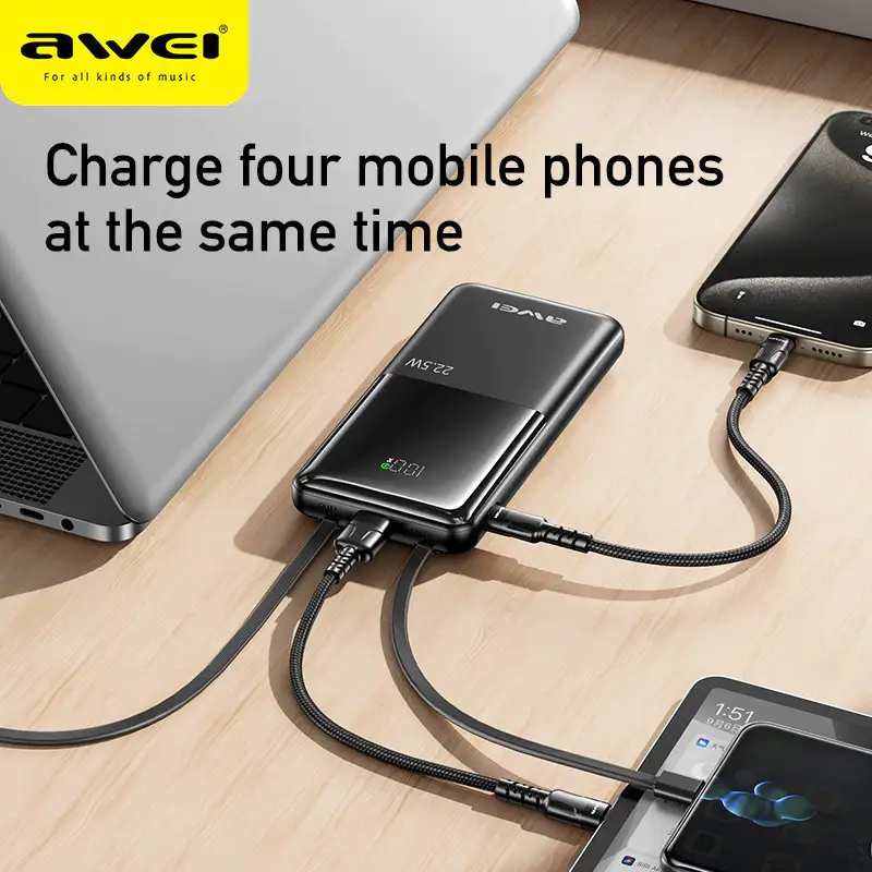 Awei P76K 10000mAh Power Bank 22.5W Fast Charging with Dual Cables & Digital Display