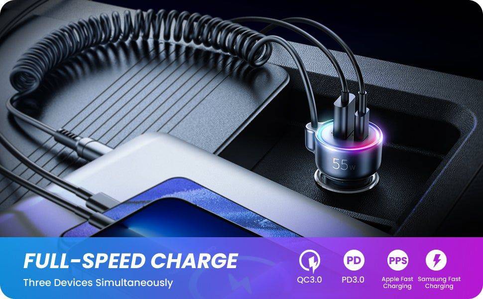 JOYROOM JR-CL07 55W PD QC3.0 Fast Car Charger with Type-C Port and Coiled Cable