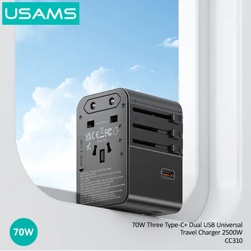 USAMS CC310 70W Universal Travel Adapter with Triple Type-C & Dual USB-A Ports