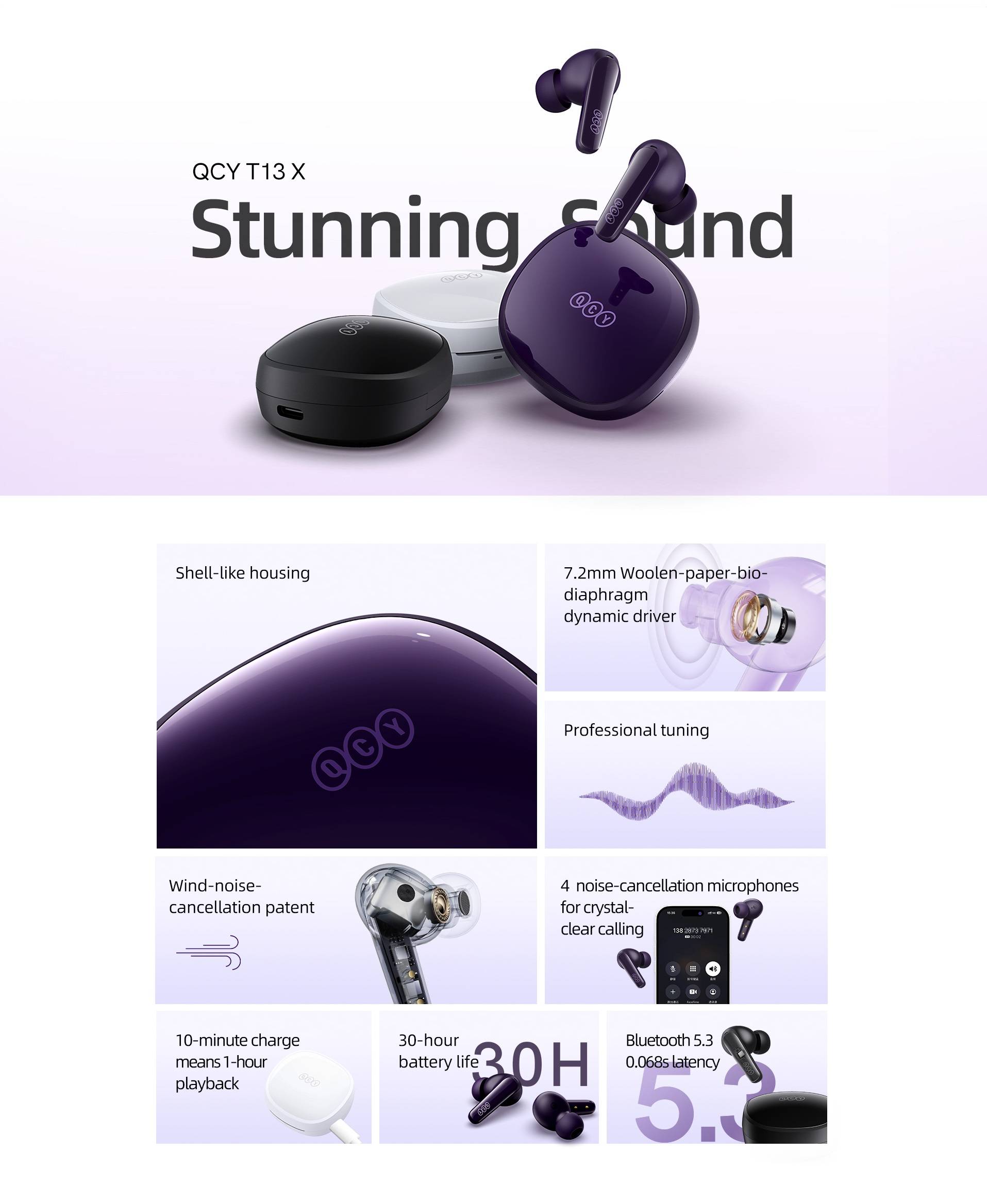 QCY T13X TWS Bluetooth 5.3 Earbuds Earphone