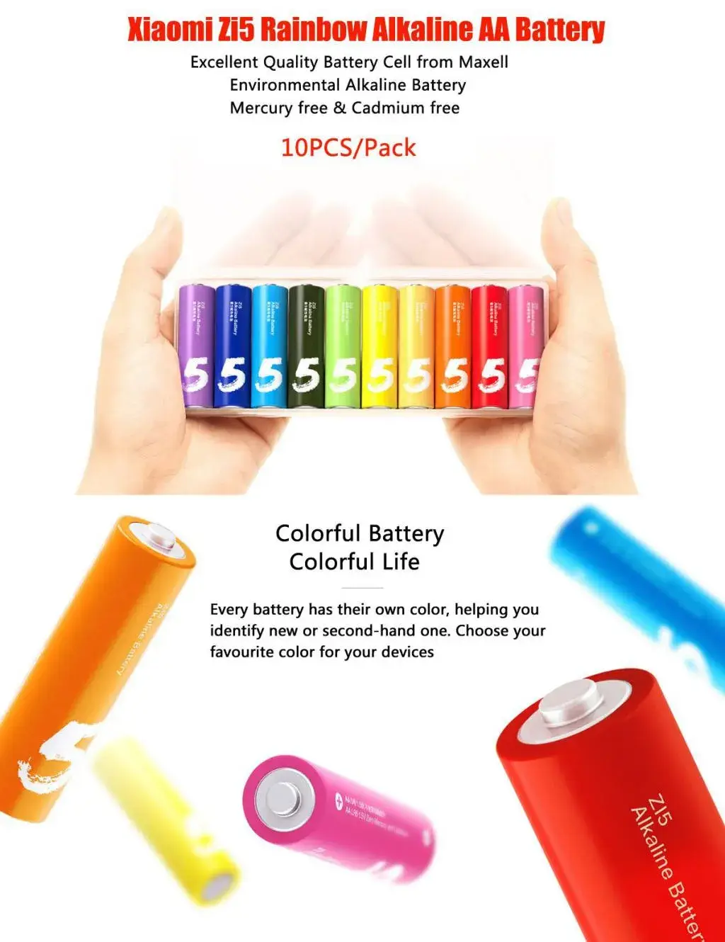 Xiaomi ZMI Zi5 AA Alkaline Batteries Rainbow Design 10-Pack