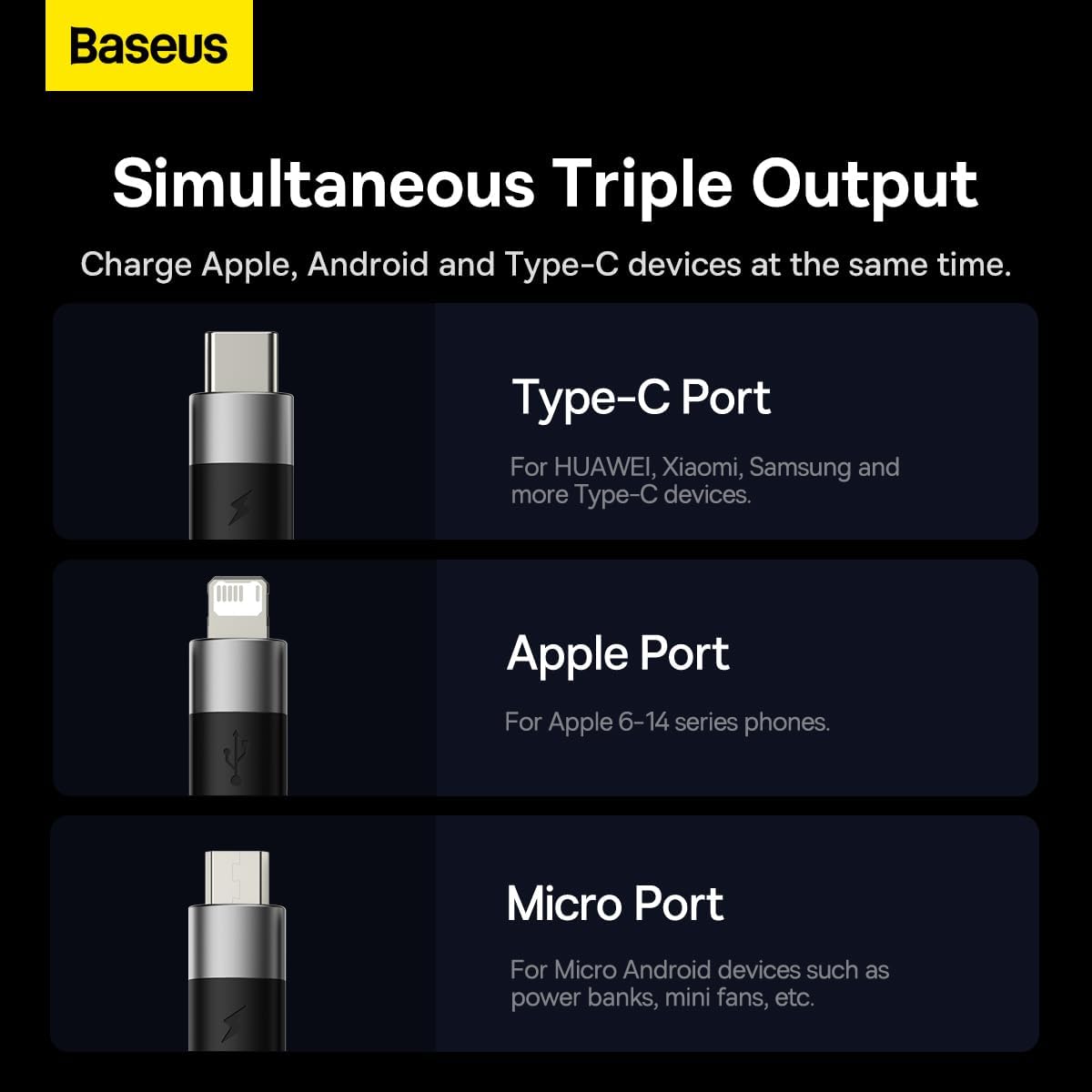 Baseus StarSpeed Series 3-in-1 USB Cable USB-C + Micro-USB + Lightning 3.5A Fast Charging 1.2m