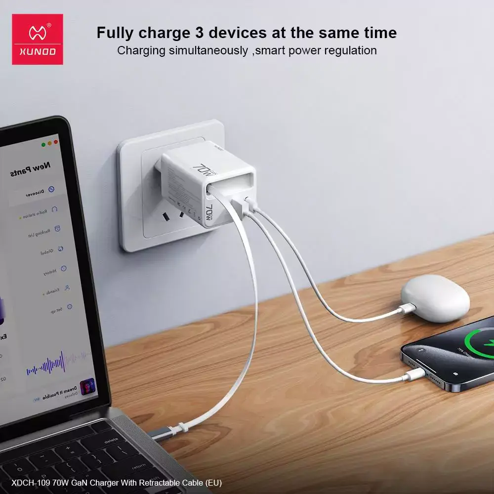 Xundd XDCH-109 70W GaN Fast Charger with Built-in Retractable Charging Cable