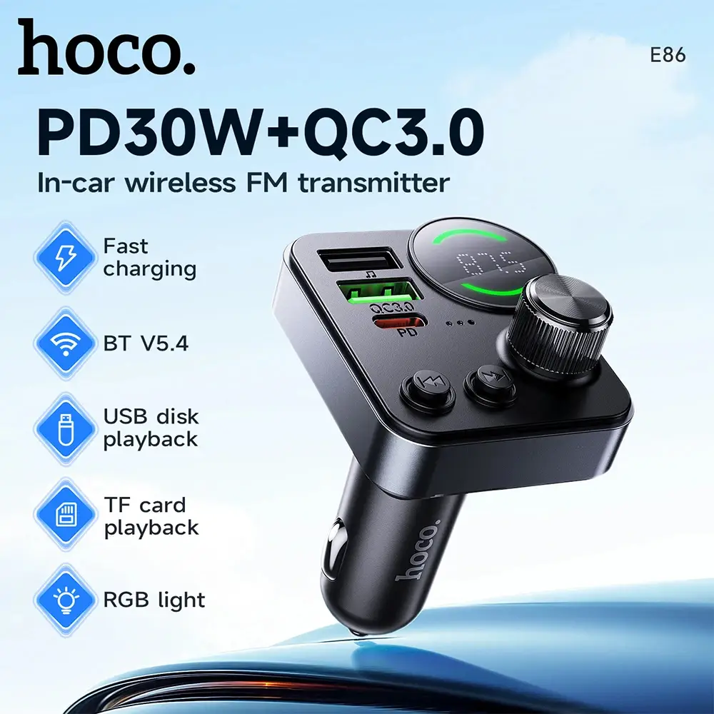 Hoco E86 Alegria 48W Dual-Port Car Charger with PD 30W, QC 3.0 Fast Charging & Bluetooth FM Transmitter
