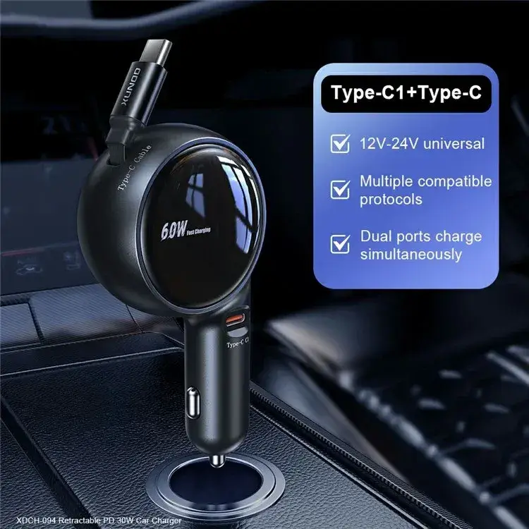 XUNDD XDCH-094 PD 30W Fast Car Charger with Retractable Cable and USB-C Output