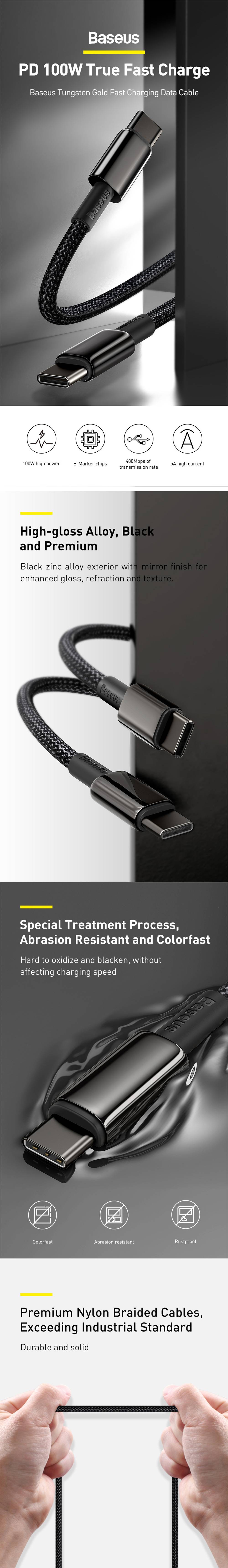 Baseus Tungsten Gold Series 100W Type-C to Type-C Fast Charging & Data Cable 2M