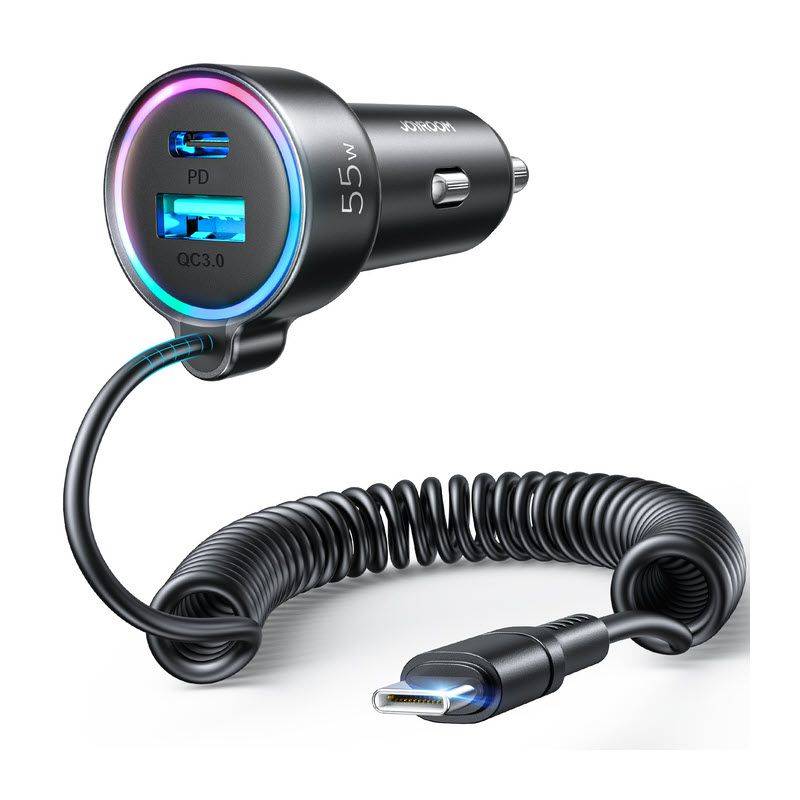 JOYROOM JR-CL07 55W PD QC3.0 Fast Car Charger with Type-C Port and Coiled Cable