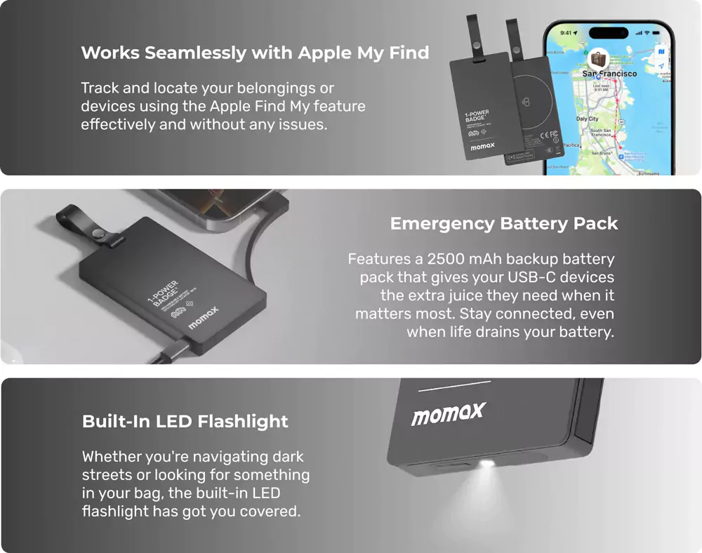MOMAX BR16D 1-Power Badge+ 2500mAh Emergency Power Bank with Apple Find My Locator