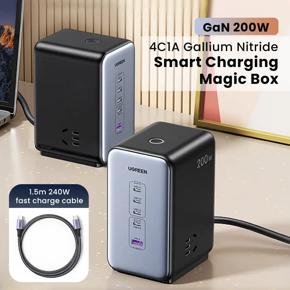 UGREEN S780 GaN 200W 7-in-1 Smart Charging Station 4 USB-C, 1 USB-A, 2 AC Outlets 25767