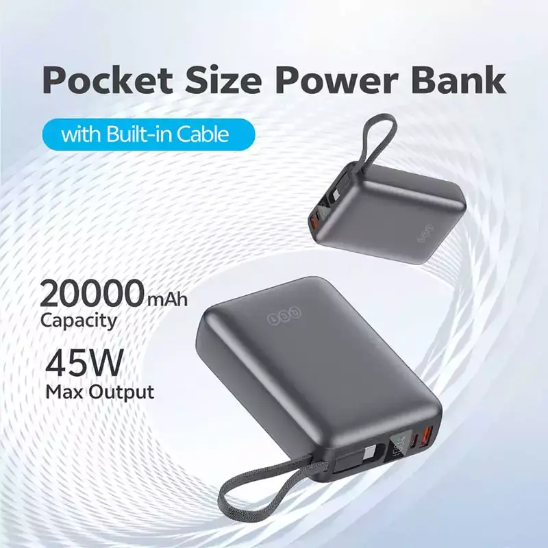 QCY PB20A 20000mAh 45W Power Bank with PD+QC3.0, Digital Display & Built-in USB-C Cable