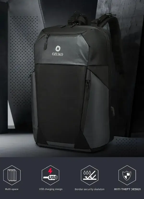 Ozuko 9214 Men's Waterproof Laptop Backpack with USB Charging Stylish & Travel-Ready