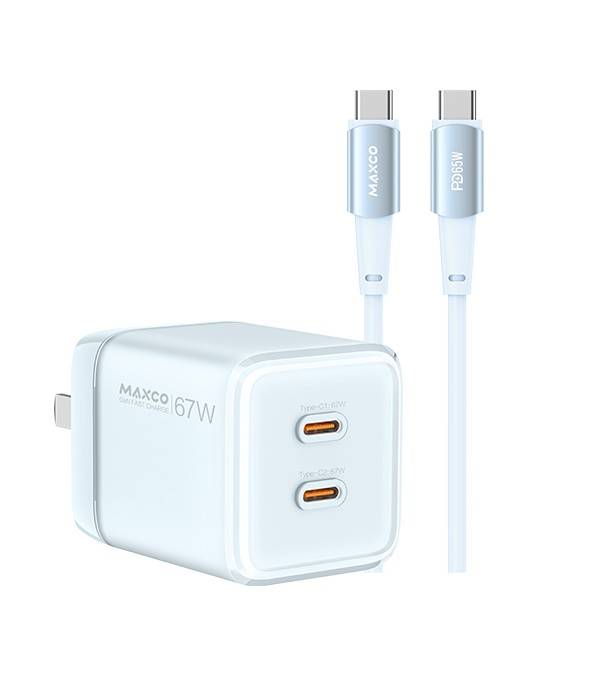 Maxco MC20CC 67W GaN Fast Charger with Dual Type-C PD3.0 Ports and 1.5m Type-C Cable White