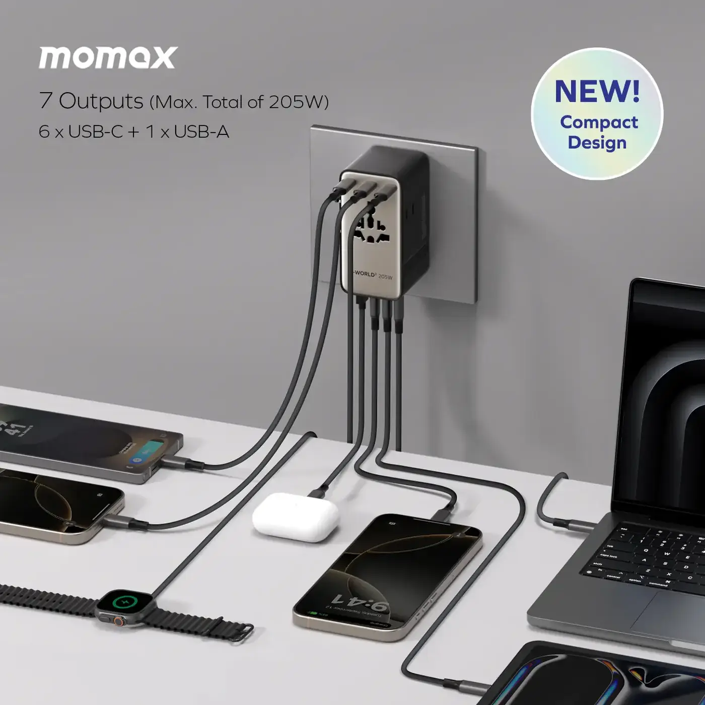 Momax UA28 1-World2 205W 7-Port Dual AC Travel Adapter