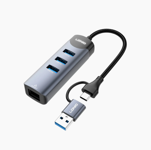 Ldnio DS-144UC USB-A & Type-C Hub 3× USB 3.0 Ports + 1× RJ45 Mobile Charging & Data Transfer