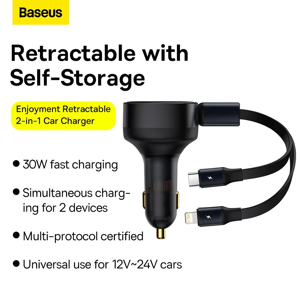 Baseus Enjoyment Series Retractable Car Charger Dual Output Type-C & Lightning 30W Fast Charging
