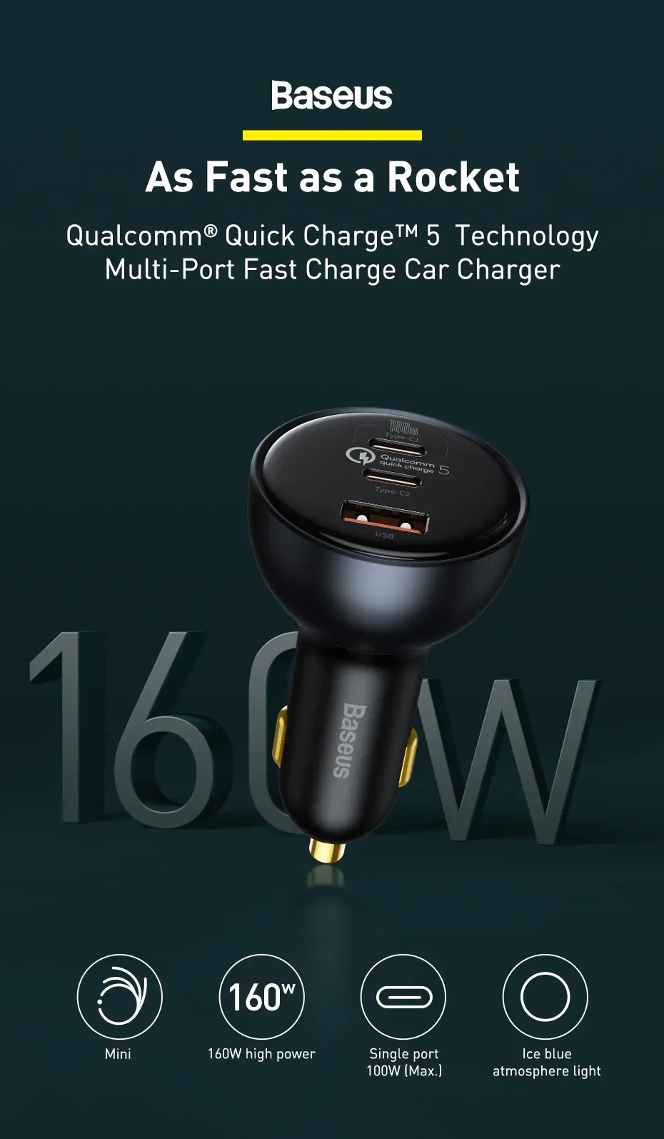 Baseus TZCCZM-0G 160W Car Charger with Qualcomm Quick Charge 2C+U & 100W USB-C Cable