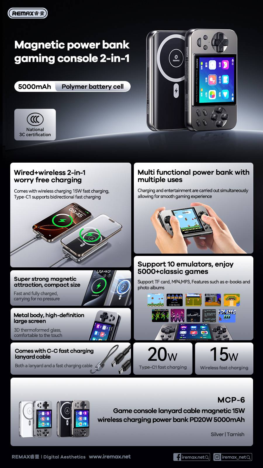 Remax MCP-6 2-in-1 5000mAh Magnetic Charging Console & 20W Fast Charging Power Bank