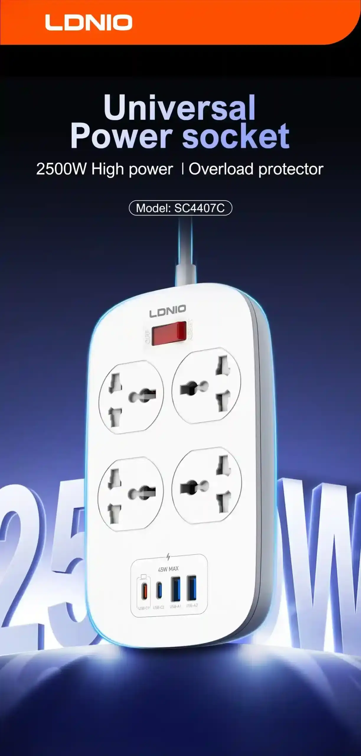 LDNIO SC4407C Universal Power Strip with 4 AC Outlets & 45W USB Fast Charging