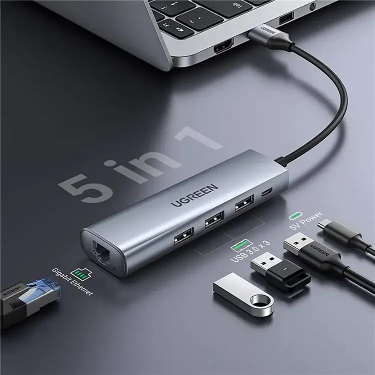 UGREEN CM475 5-in-1 USB Hub with 3 USB 3.0 Ports, RJ45 5V Power Port 20915
