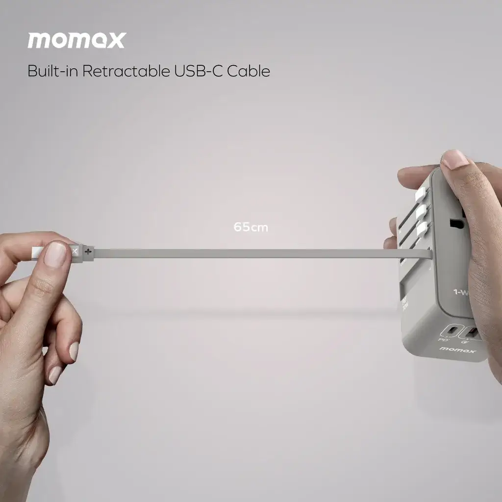 Momax UA18D Travel Charger 70W GaN Built in USB C Cable Universal Power for Laptops & Phones