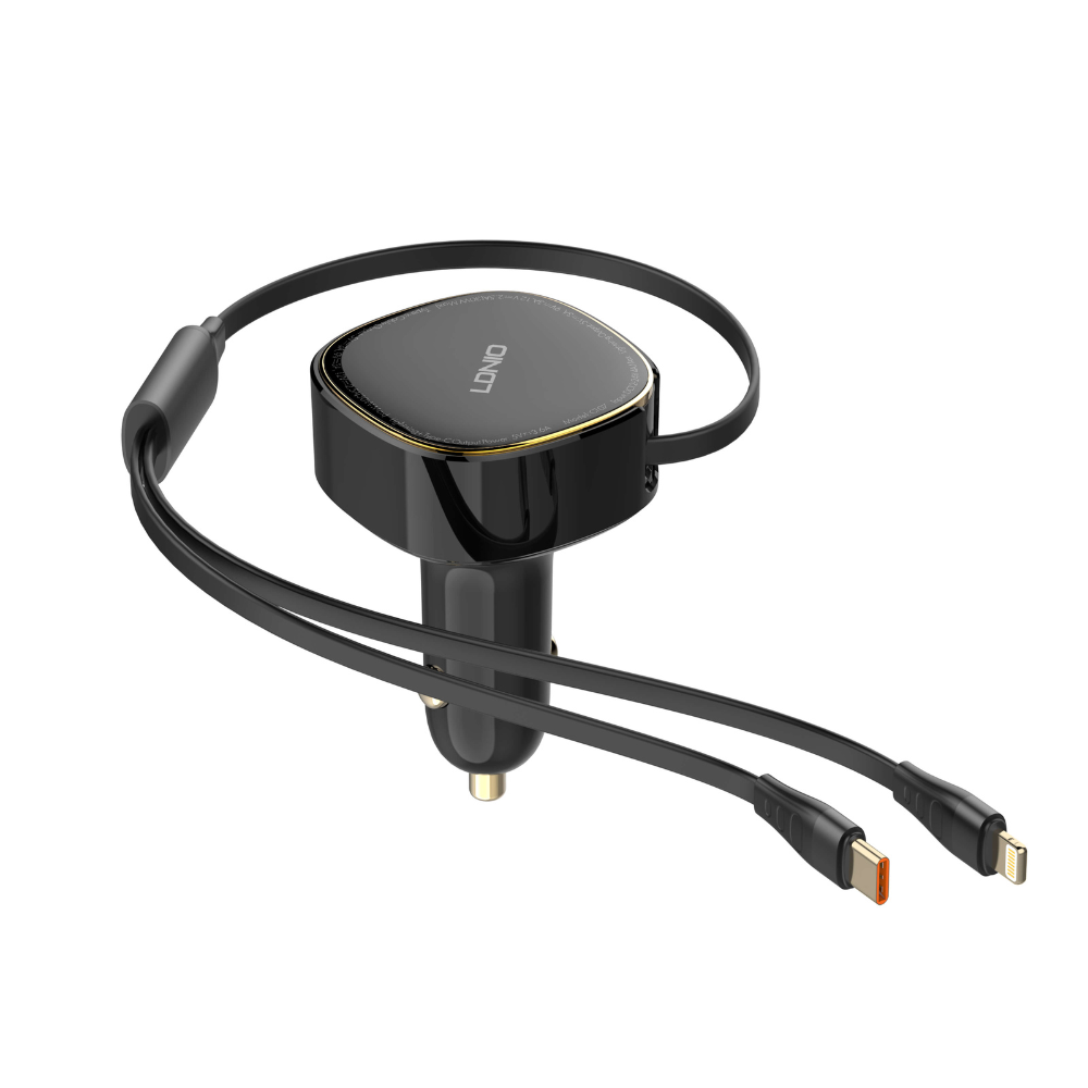 LDNIO C107 Ultra-Fast Car Charger with Built-in Type-C/Lightning Cable